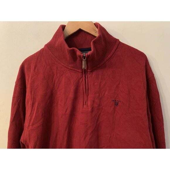 GANT 1/4 Zip Pullover Sweater Bright Red Cotton Size XL Leather Zip Mock Neck - Picture 2 of 11